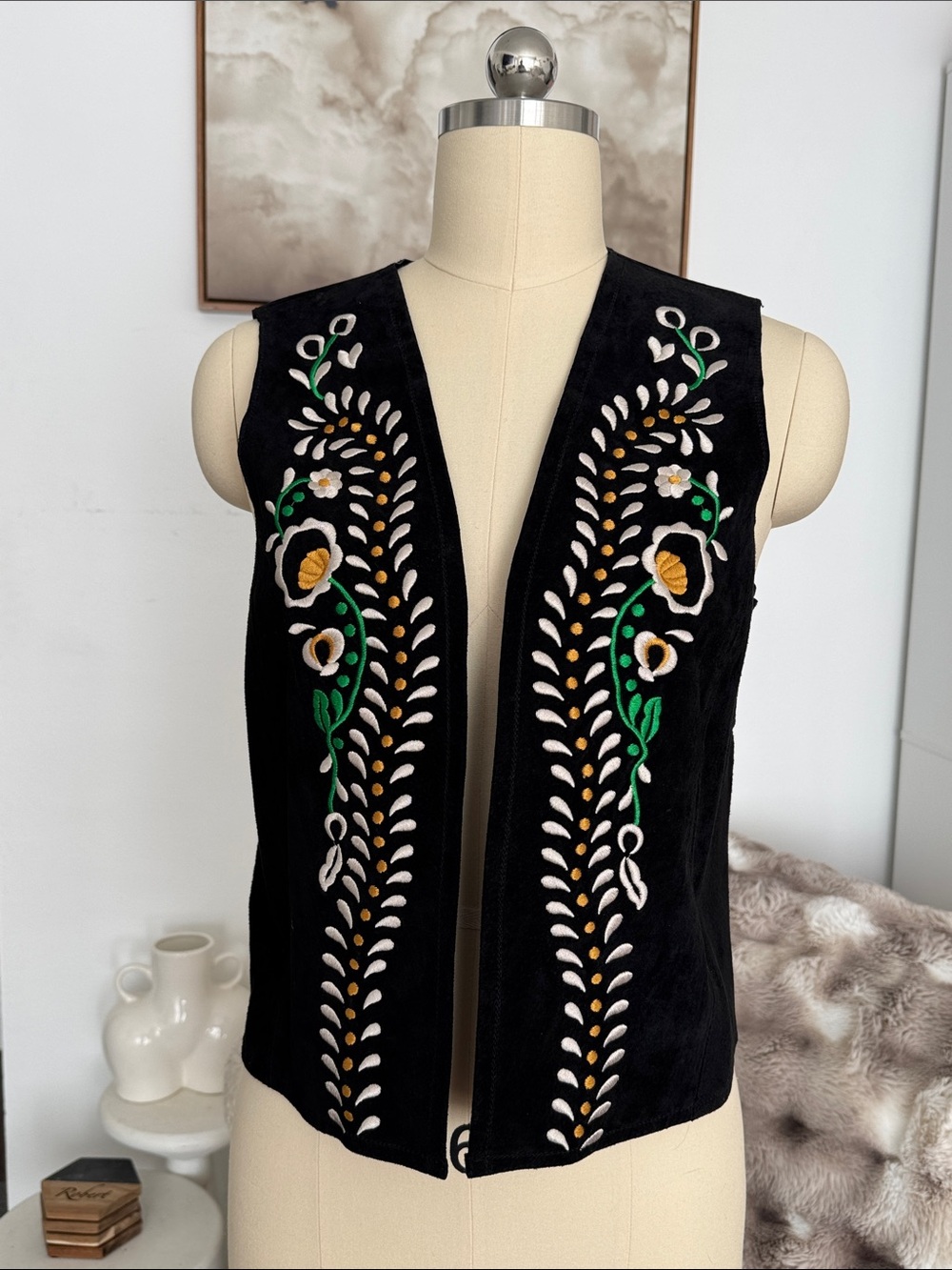 Vintage Zara Suede Leather Black Embroidered Floral Vest - circa 2010s